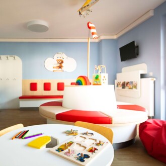 Helles Kinderwartezimmer mit runder rot-wei&szlig;er Sitzinsel, hellblauen W&auml;nden und Spieltisch mit Holzspielzeug.