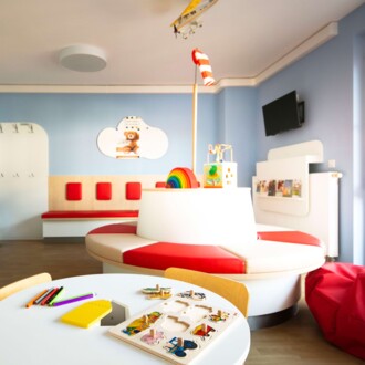 Helles Kinderwartezimmer mit runder rot-wei&szlig;er Sitzinsel, hellblauen W&auml;nden und Spieltisch mit Holzspielzeug.