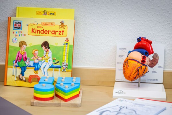 Kinderbuch "Beim Kinderarzt", buntes Steckspielzeug und ein anatomisches Herzmodell auf einem Tisch.